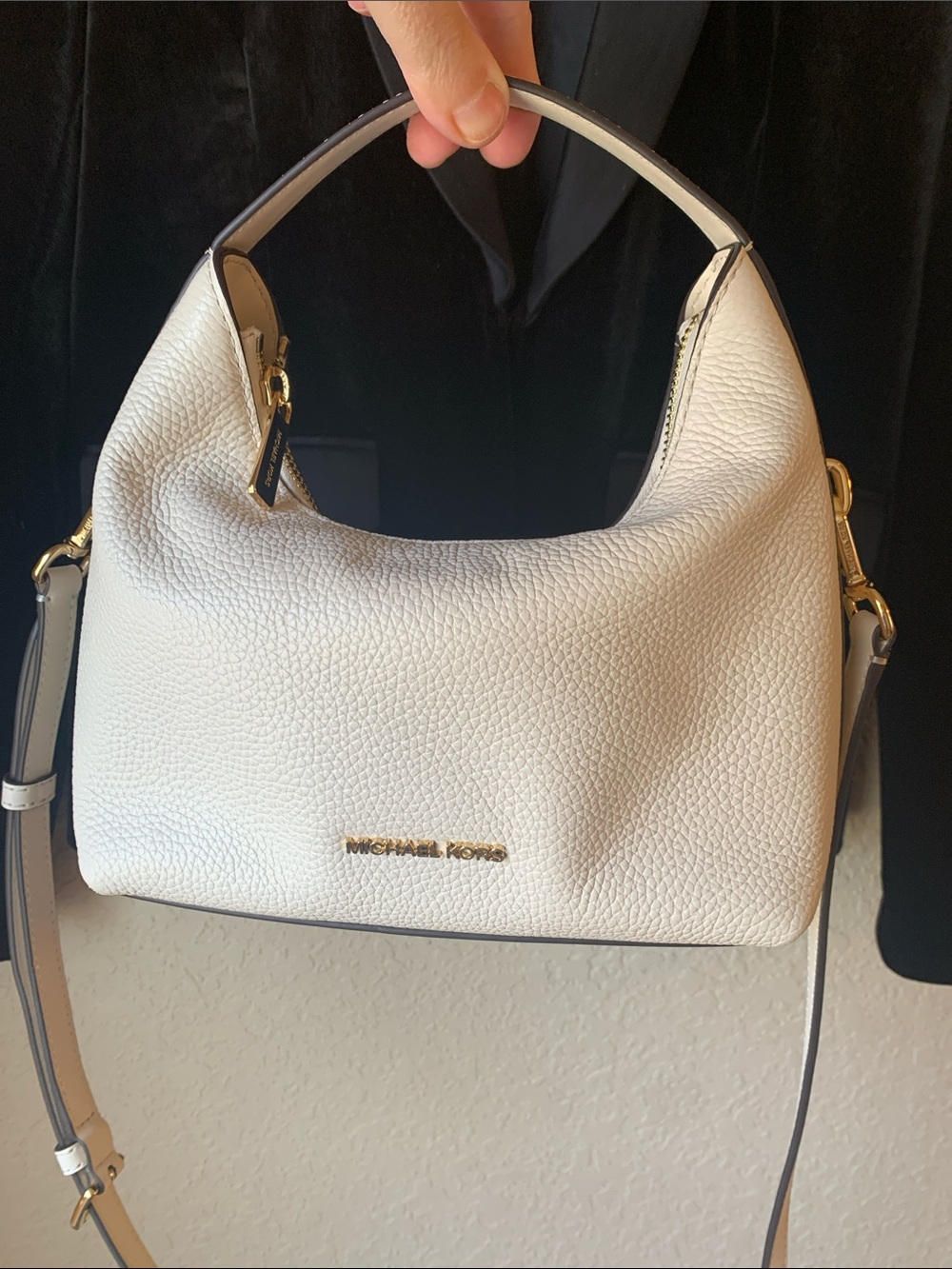 Michael Kors White Pebbled Leather Shoulder Bag with Gold Hardware